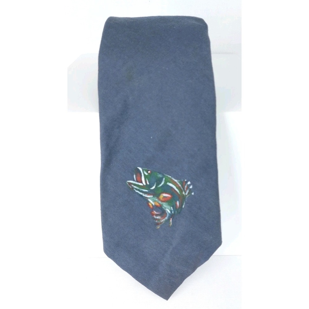 Polo Ralph‎ Lauren Mens Cotton Necktie Blue Hand Painted Bass Fish 3.5"x56"
